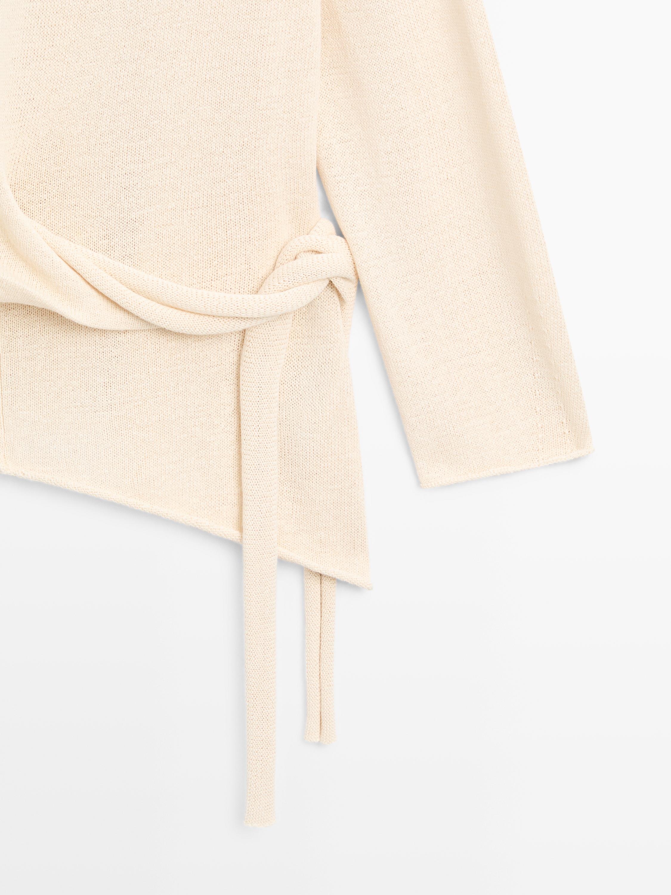 Asymmetric linen blend sweater with tie detail